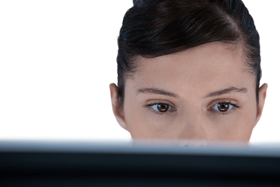 Focused Businesswoman Working on Computer in Transparent Background