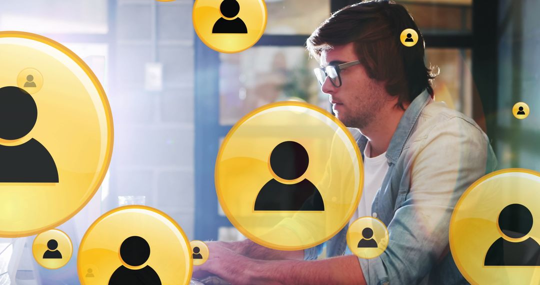 Frustrated Programmer Surrounded by Profile Icons in Tech Environment