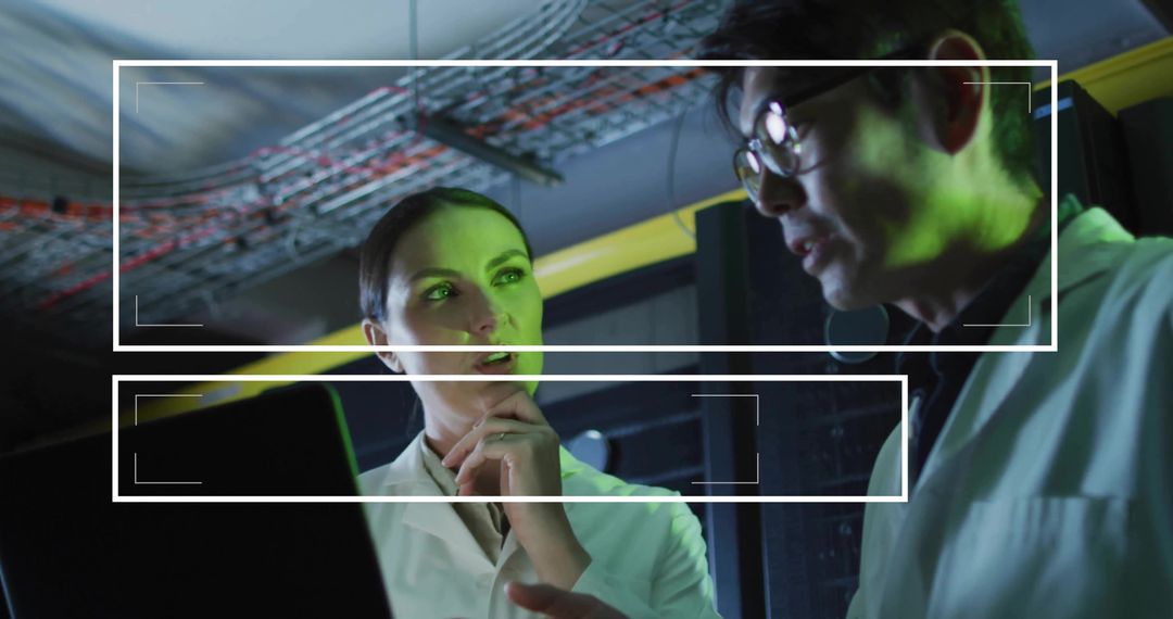 Two engineers collaborating in neon-lit data center examining laptop and network cables