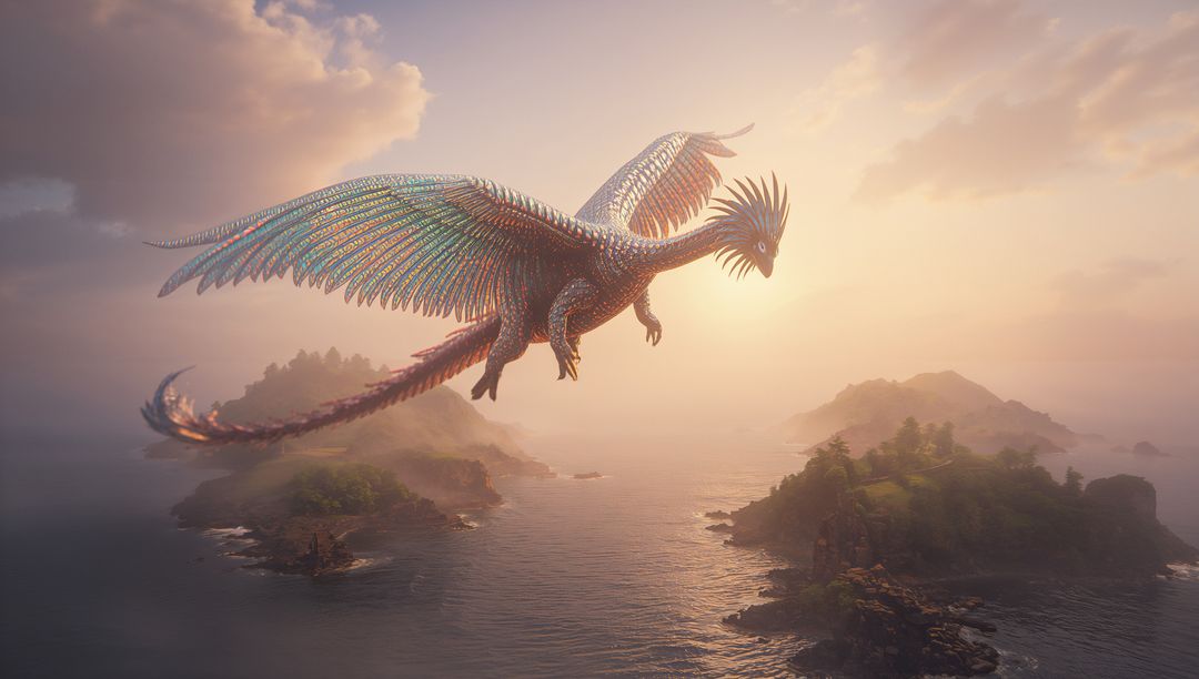 Iridescent Winged Creature Soaring over Serene Ocean at Sunset