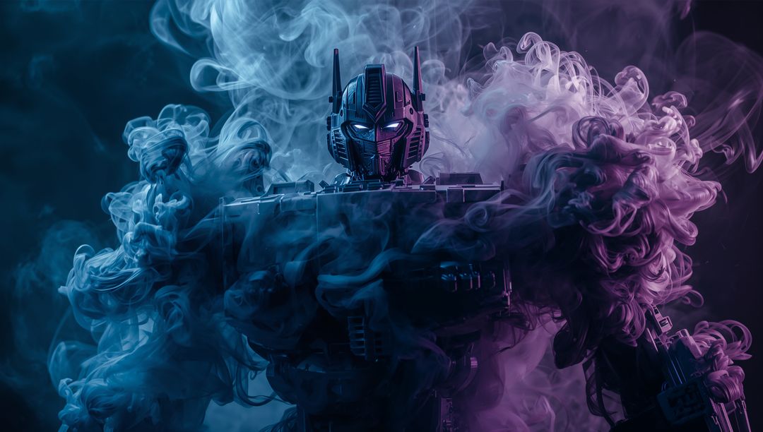 Futuristic Robot Surrounded by Colorful Smoke in Dark Background