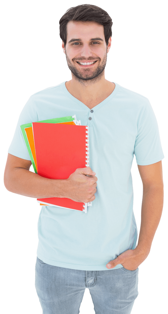 Smiling businessman with colorful files on transparent background