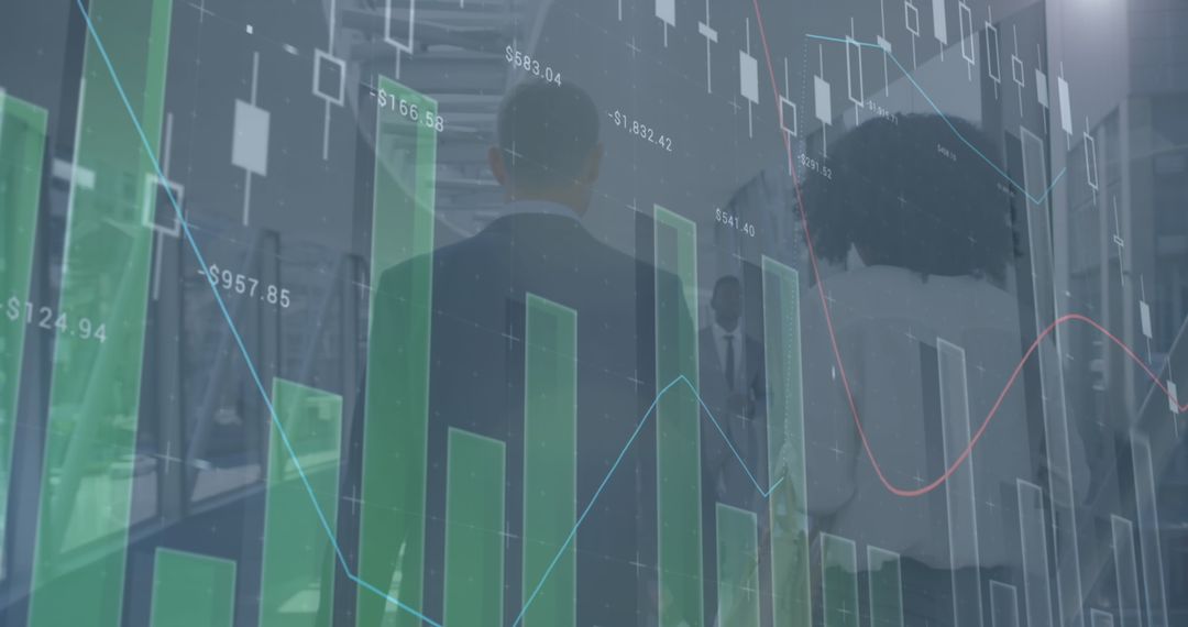 Business Professionals Walking with Overlay of Financial Charts