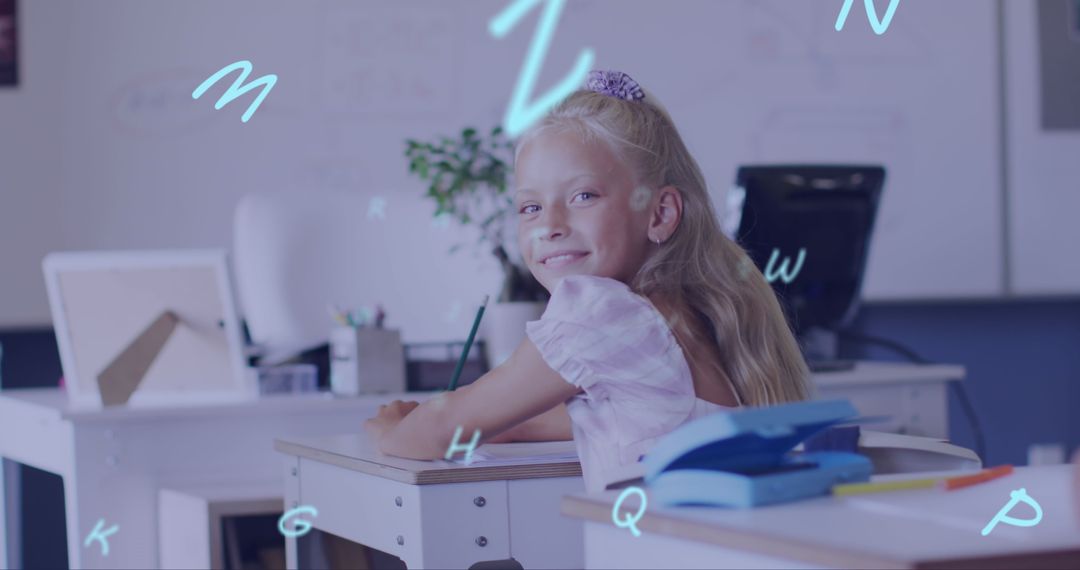 Smiling Schoolgirl Learning with Alphabet in Classroom