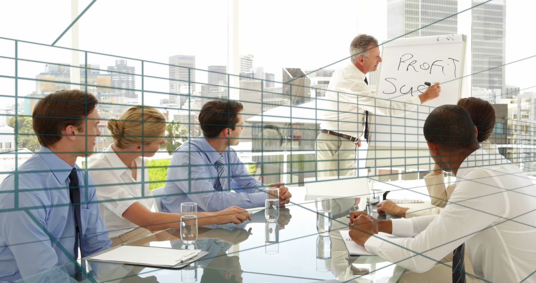 Business Team Analyzing Data in Modern Office Setting with Digital Overlay