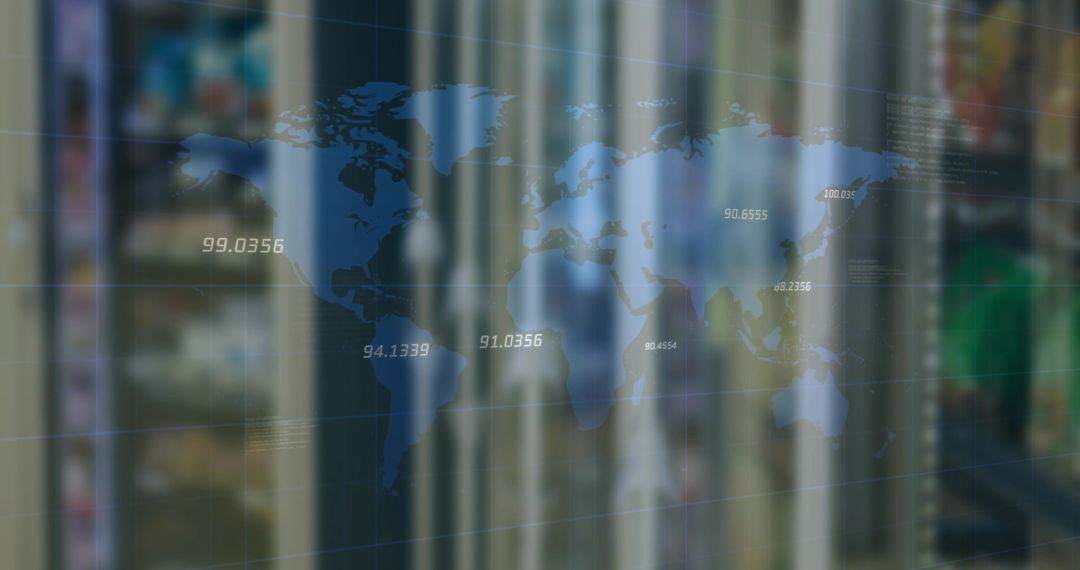 Blue World Map Overlay in High-Tech Server Room Environment