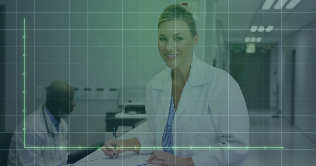 Doctor Reviewing Notes at Hospital Counter Overalays with Graph