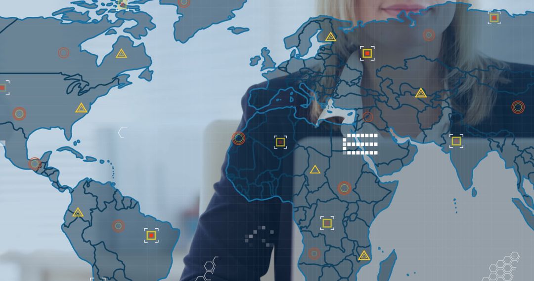 Businesswoman Analyzing Global Financial Data with Digital World Map Overlay