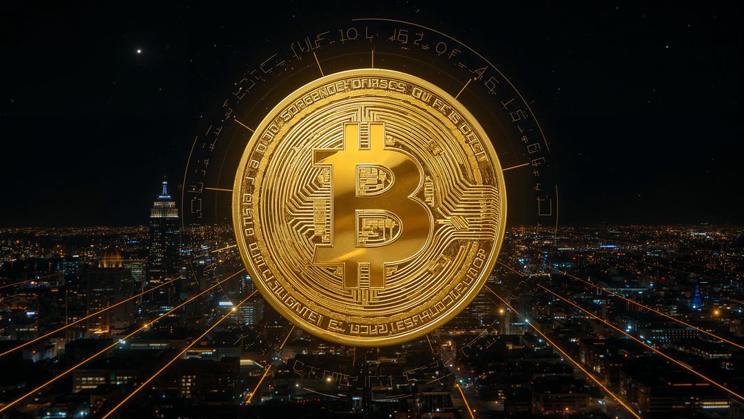 Glowing Bitcoin Coin Above Night Cityscape Representation
