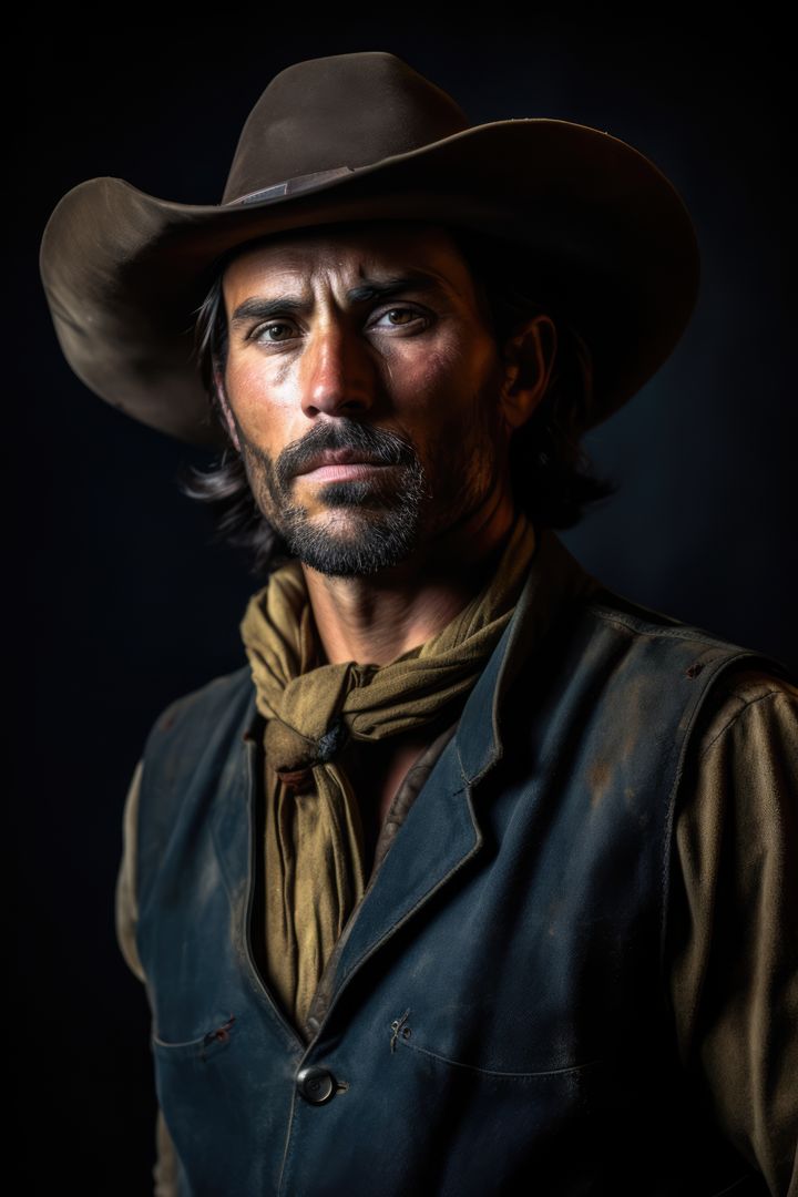 Portrait of rugged caucasian cowboy with hat and beard, created using generative ai technology - Free Images, Stock Photos and Pictures on Pikwizard.com