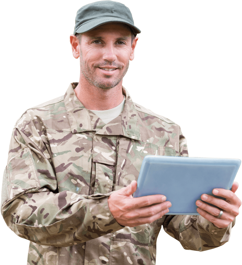 Caucasian Male Soldier Using Tablet On Transparent Background
