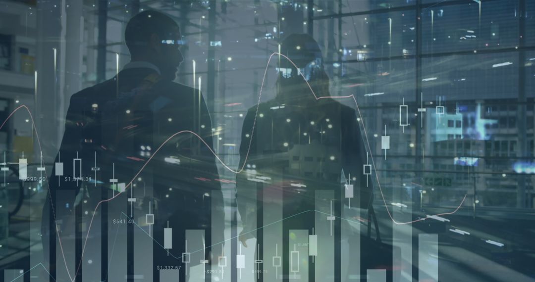 Silhouetted Business Professionals with Graph Overlays Signifying Statistical Growth
