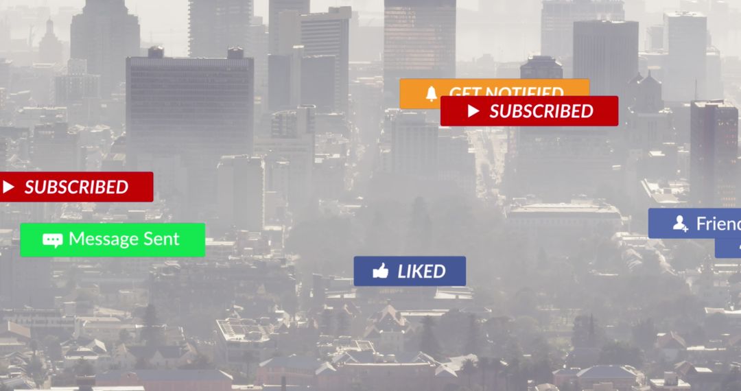Overlay of Social Media Icons Over Cityscape, Signifying Digital Connectivity
