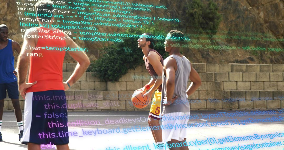 Basketball Player Dribbling with Code Overlay Outdoors