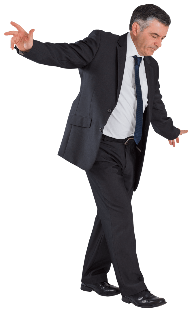 Mature Businessman Performing Balancing Act in Suit Transparent Background