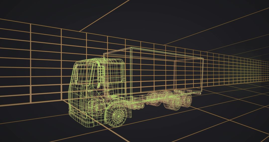 Futuristic wireframe box truck rendering in neon green with orange grid perspective geometry