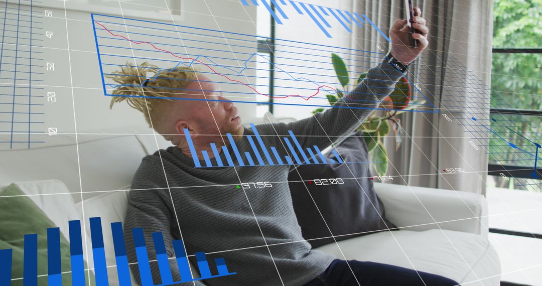 Man with Dreadlocks Taking Selfie Surrounded by Analytical Graphs