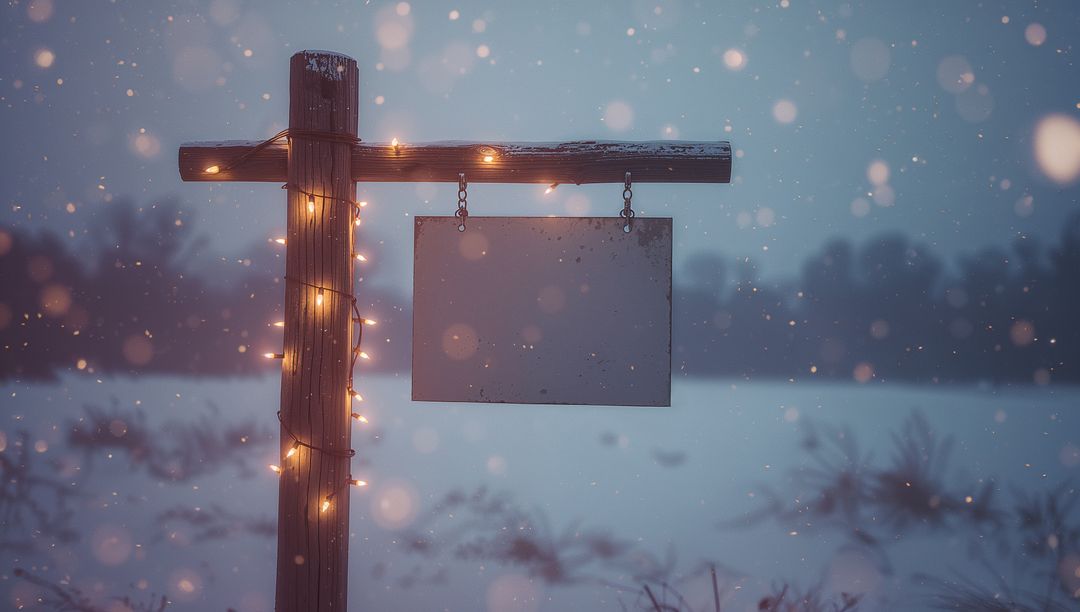 Rustic Wooden Post with Sign and String Lights in Snowy Dusk