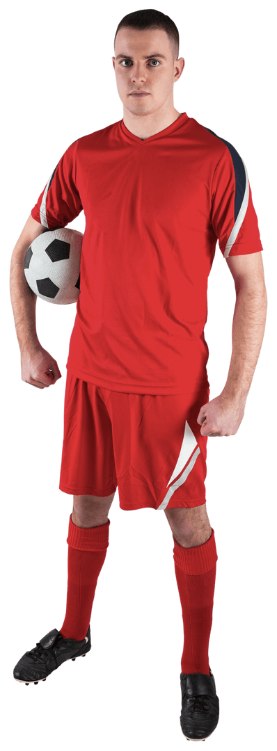 Transparent Football Player Posing with Ball in Red Kit