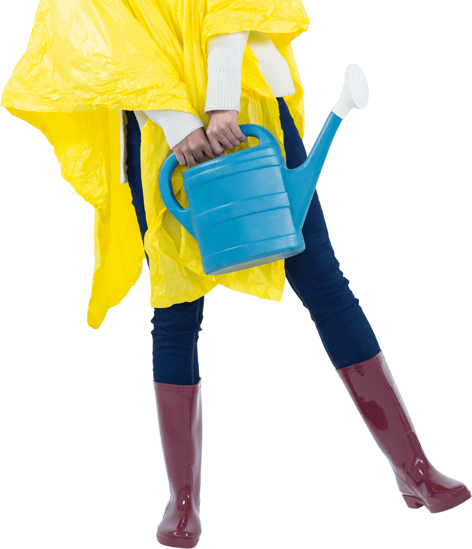 Transparent View of Woman Holding Watering Can in Rain Gear