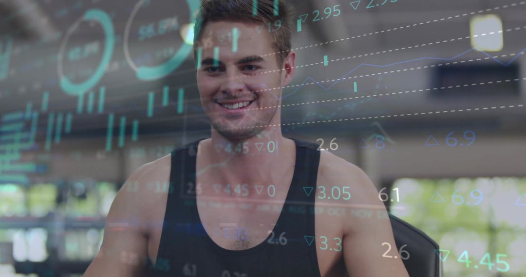 Man Exercising at Gym with Digital Financial Data Overlay