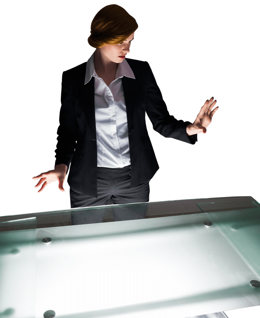 Transparent Background of Focused Businesswoman with Modern Counter
