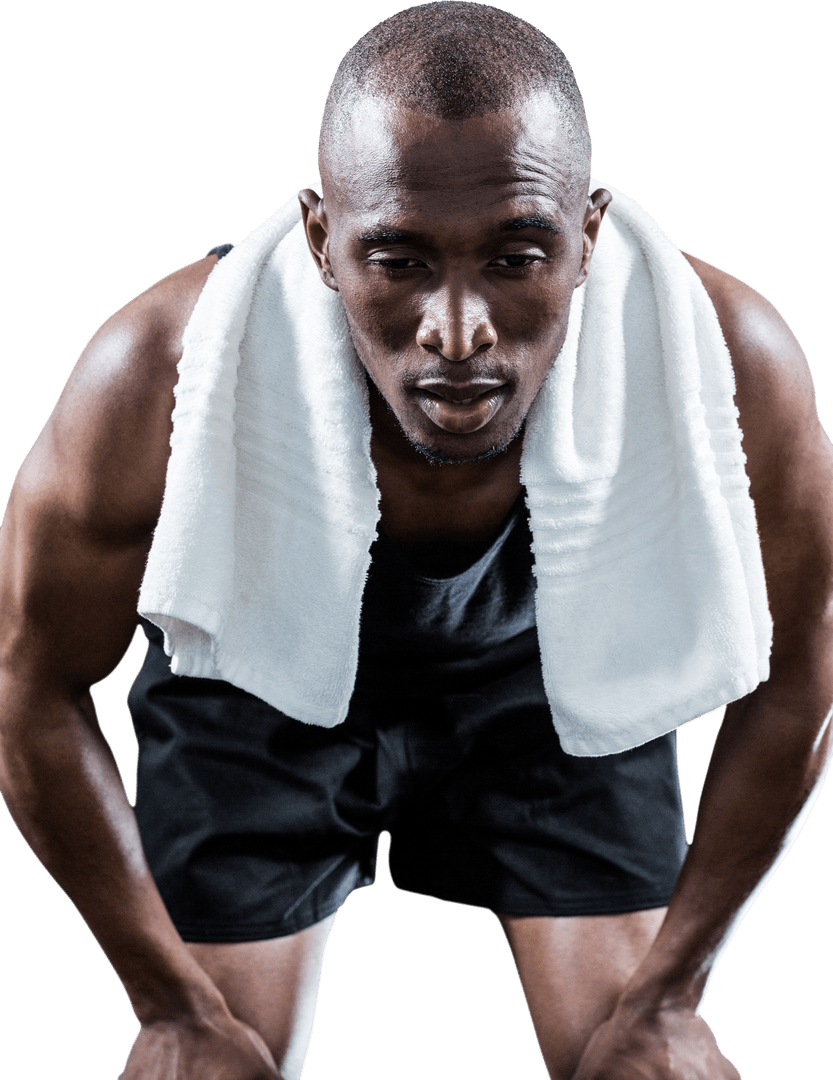 Transparent Athletic Black Man with Towel Resting Mid-Workout