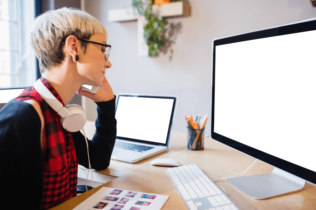 Transparent Businesswoman Managing Calls at Desk in Creative Office