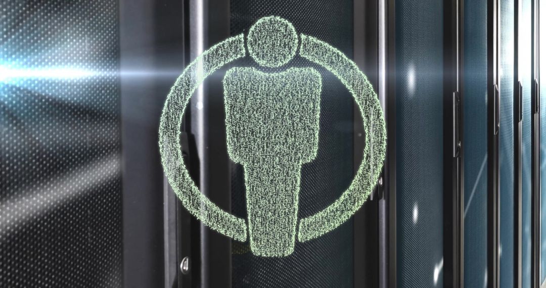 Human Icon Overlay on Futuristic Server Room Display