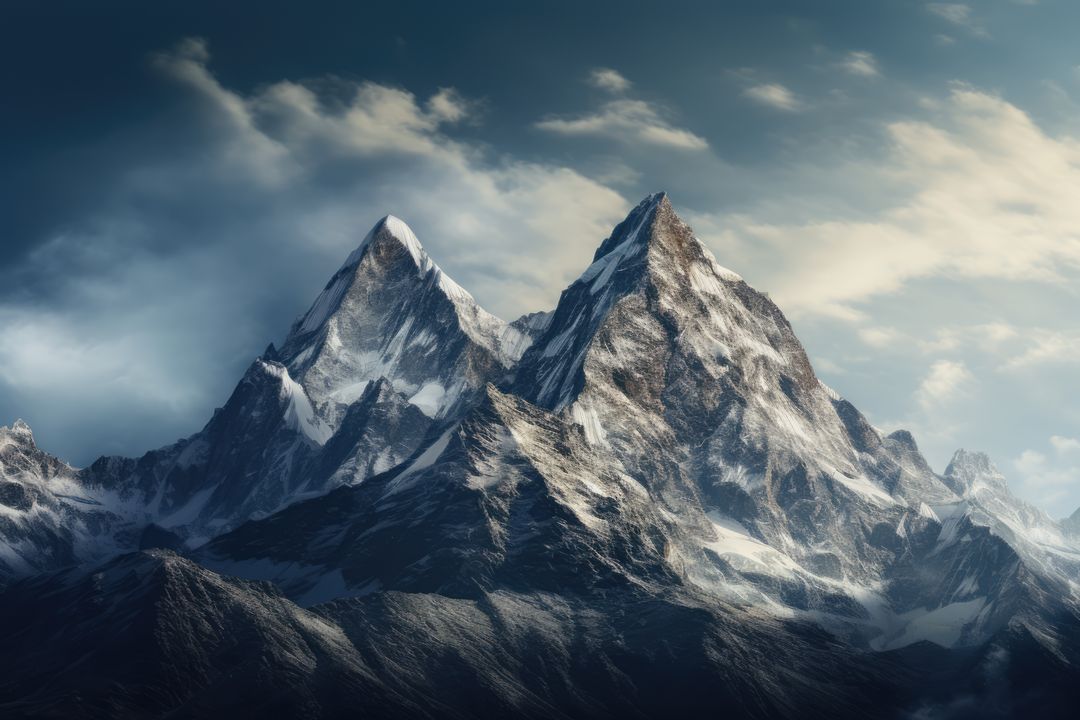 General view of snowy mountain peak and clouds, created using generative ai technology - Free Images, Stock Photos and Pictures on Pikwizard.com