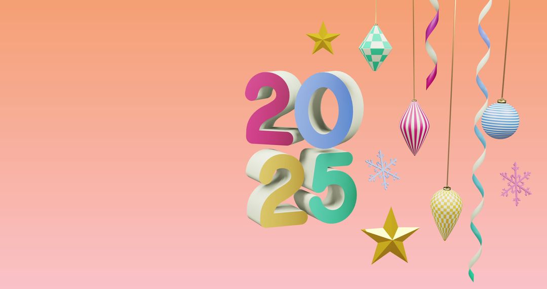 Colorful 2025 celebration with festive decorations on pink background