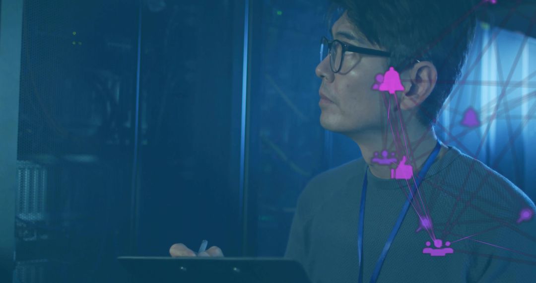 Network Engineer Analyzing Servers in High-Tech Data Center