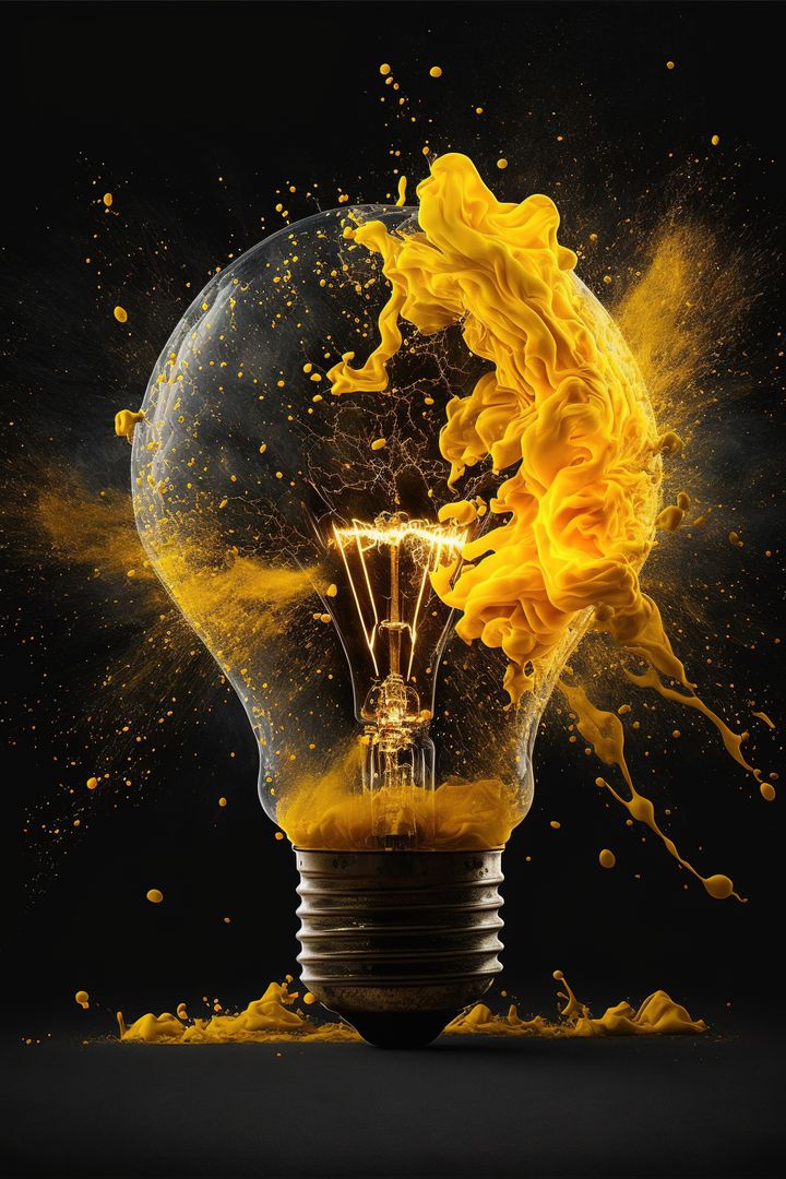 Image of lightbulb with yellow stains on black background, created using generative ai technology - Free Images, Stock Photos and Pictures on Pikwizard.com