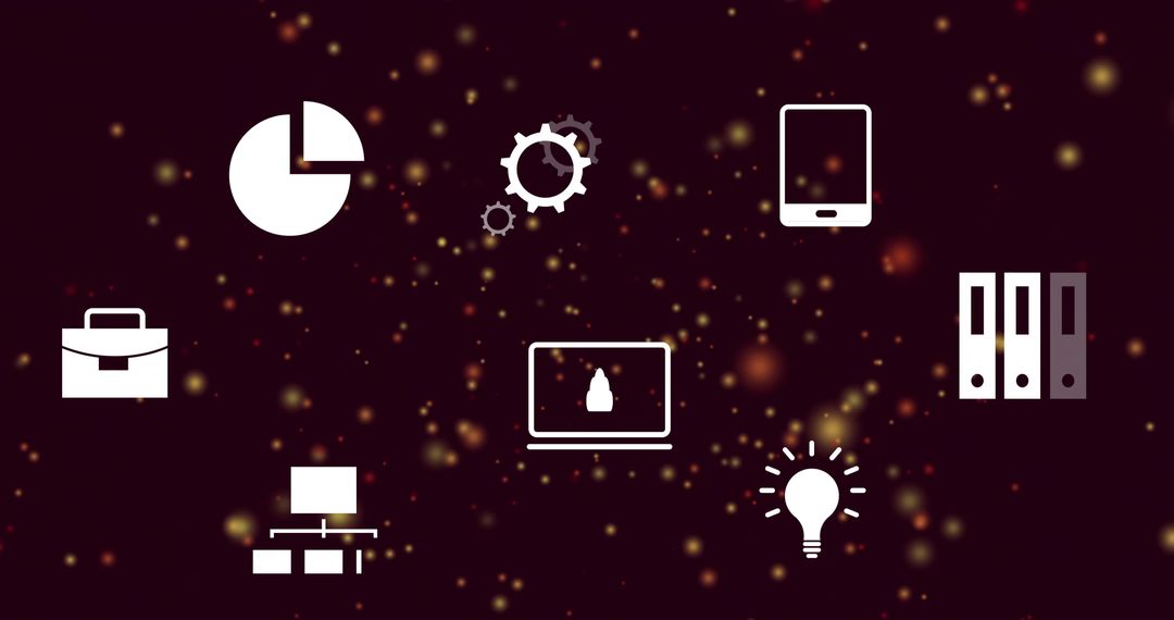 Floating Business Tech Icons on Dark Bokeh Background Showing Analytics and Innovation