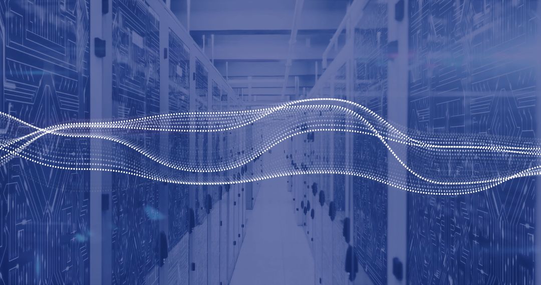 Futuristic Data Flow Over Server Racks in Modern Data Center