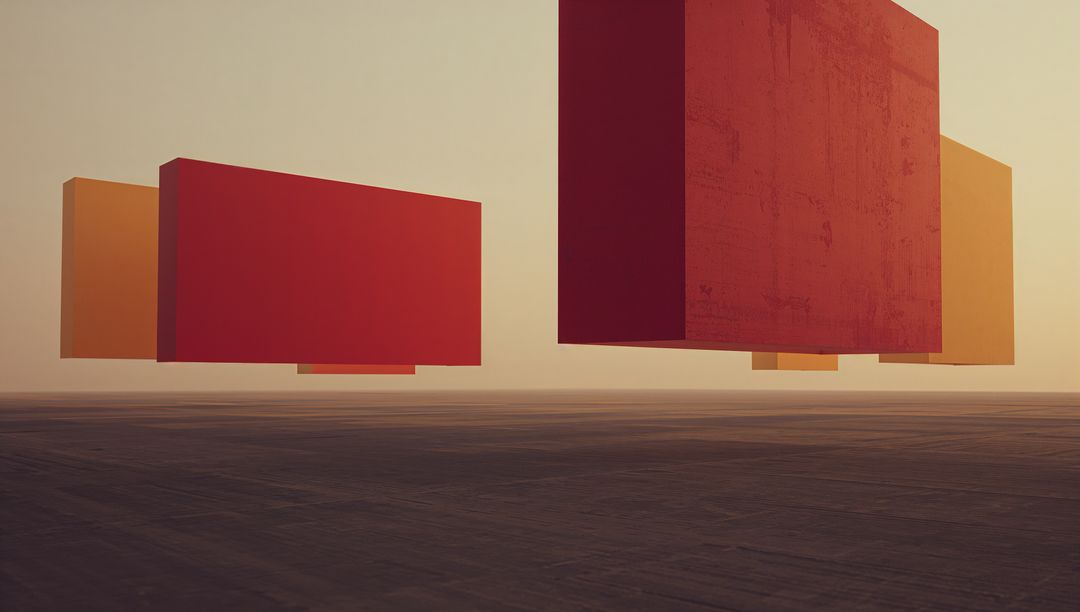 Floating Geometric Prisms in Surreal Minimalist Landscape