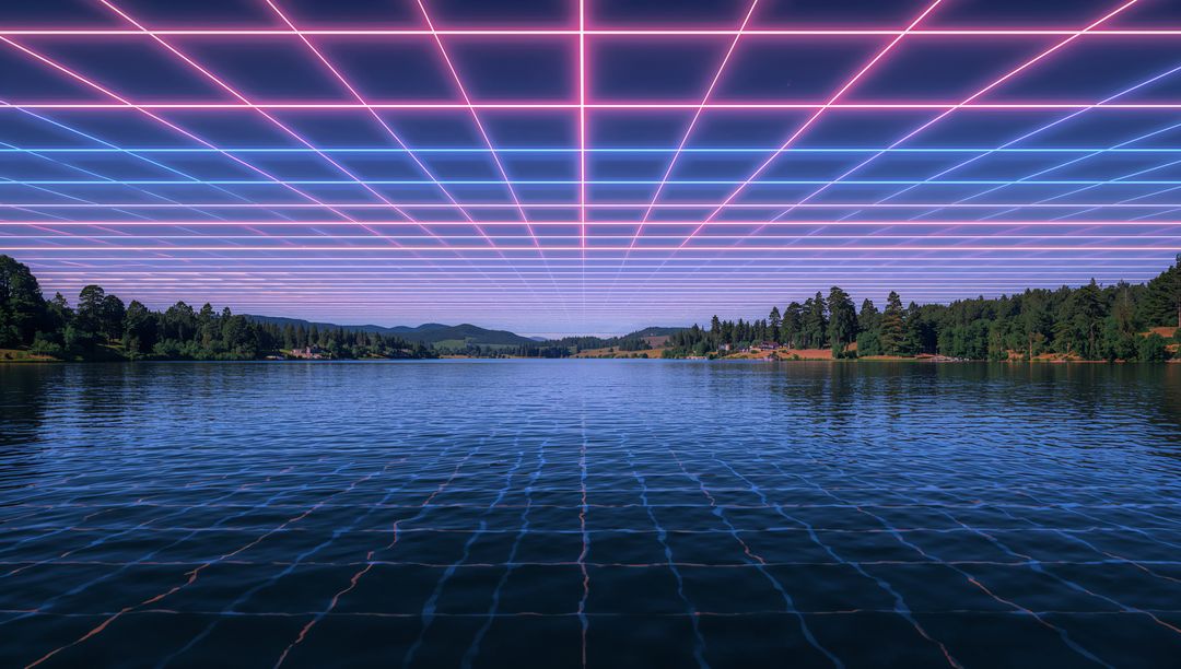 Twilight Synthwave Neon Grid Reflecting on Calm Lake with Tree-lined Shore