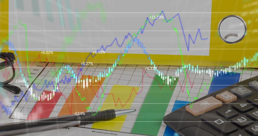 Overlay of Financial Charts on Office Desk Setup
