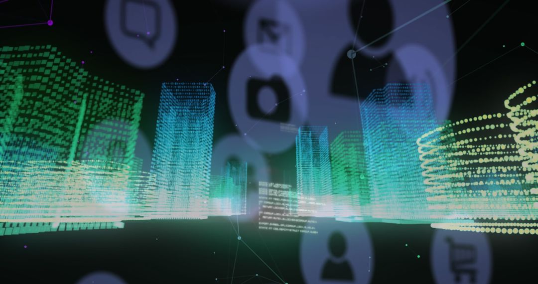 Futuristic Digital Network Overlay on 3D City Model