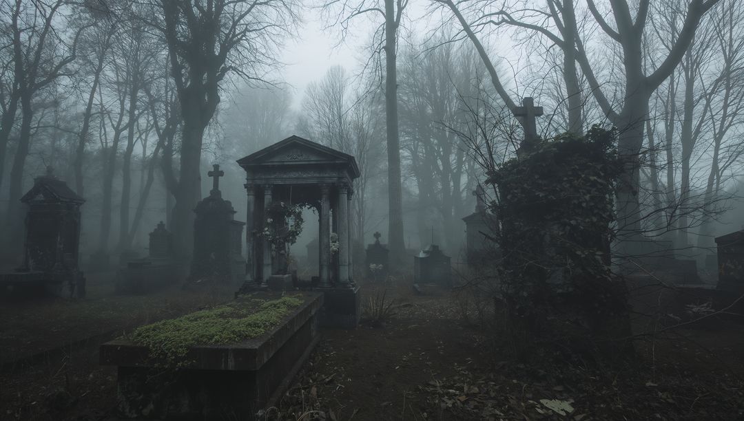 Mysterious Foggy Graveyard with Gloomy Mausoleum
