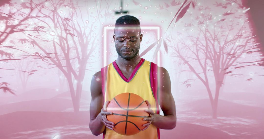Basketball Player with Neon Background Holding Basketball