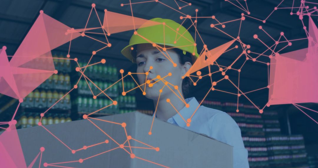 Warehouse Woman with Cardboard Box and Network Overlay