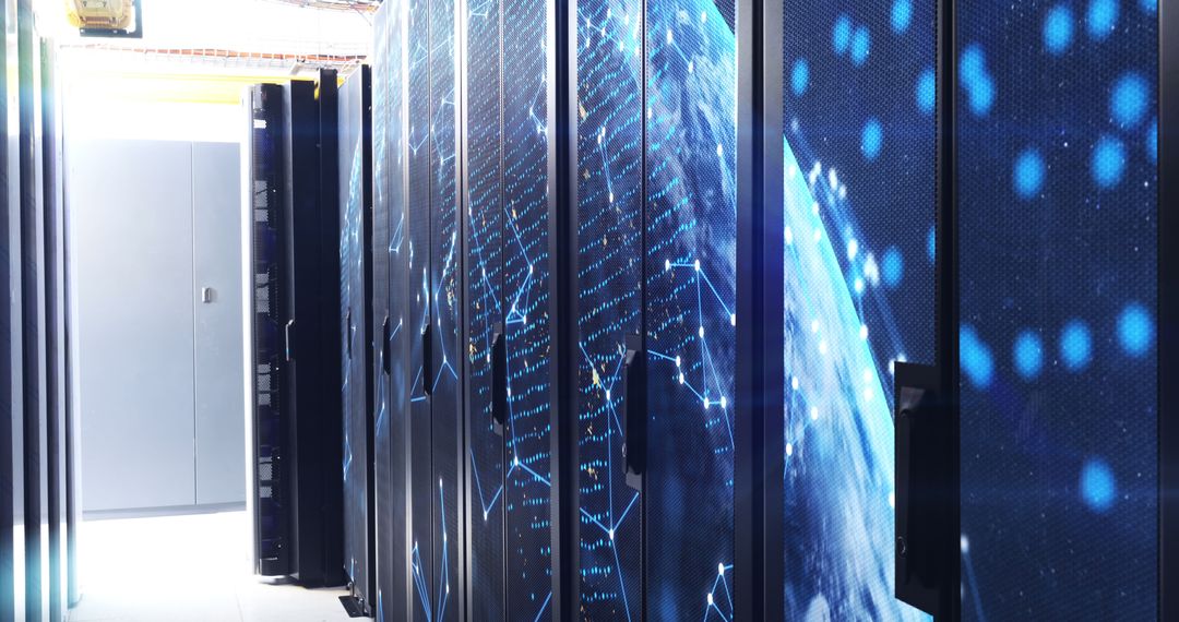 Futuristic Server Room with Digital World Interface Concept