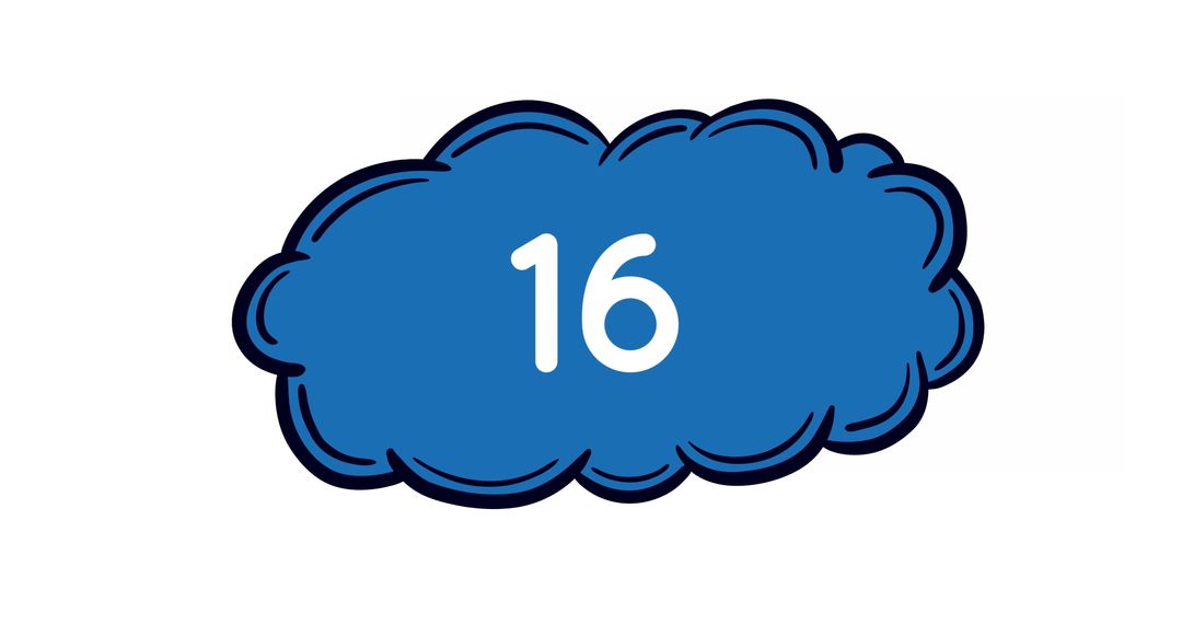 Blue Thought Bubble with Number 16 Isolated on White