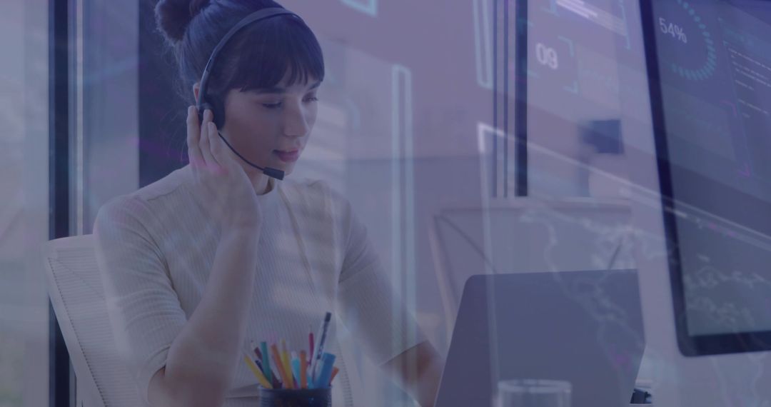 Professional Focused on Technology and Data with Headset and Laptop