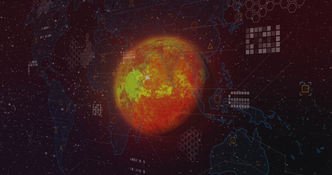 Futuristic Glowing Digital Globe with Data Grid and World Map