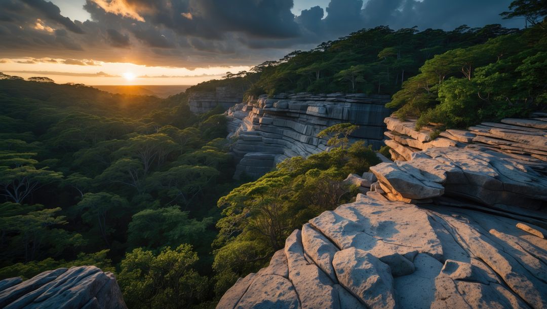 Scenic Sunset Over Layered Rock Formations in Lush Wilderness