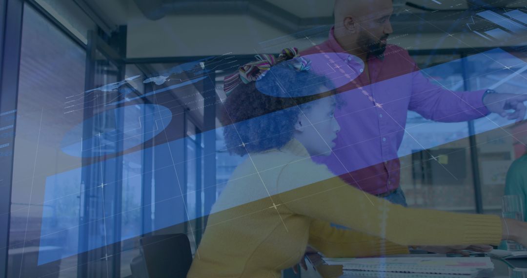 Digital Overlay Showcasing Discussions in Modern Office