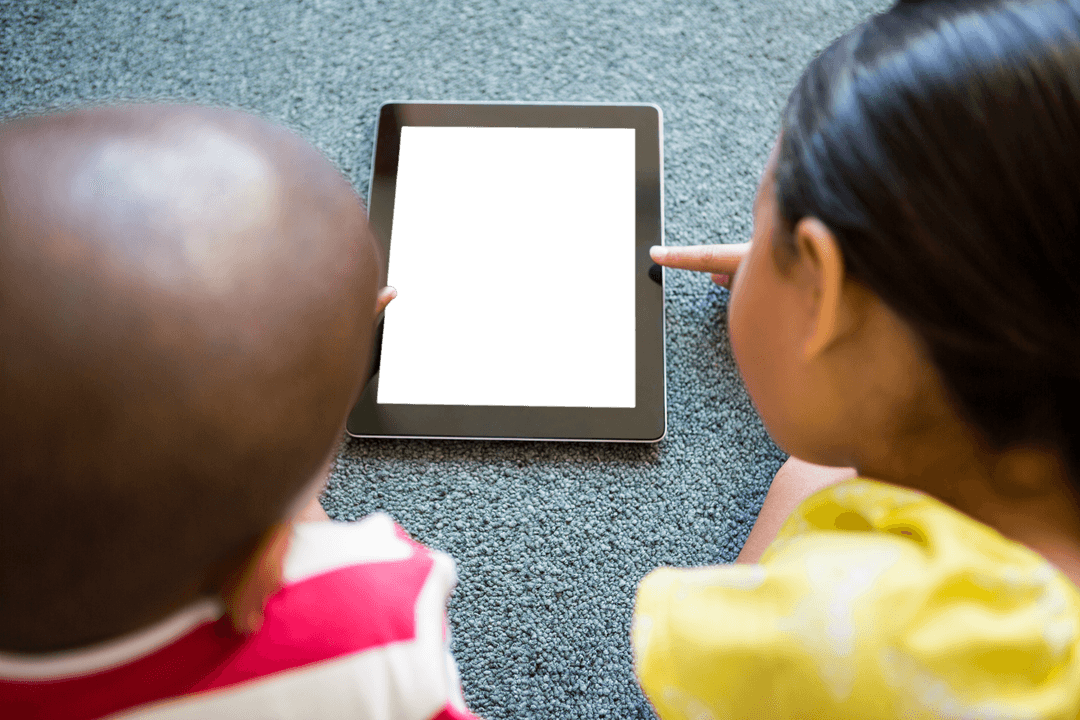 Children Engaging with Transparent Tablet on Carpet