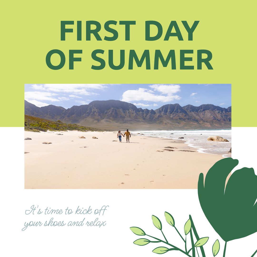 Happy Couple Walking on Beach Celebrating First Day of Summer